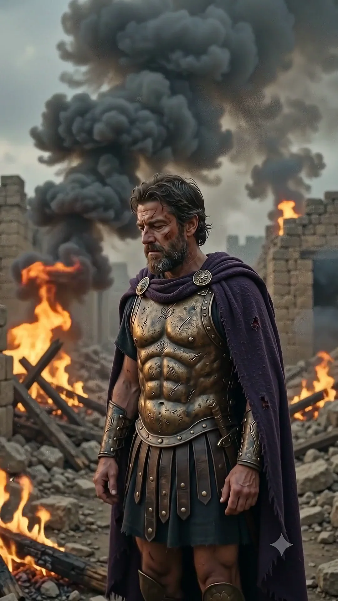 Odysseus standing among the ruins of Troy